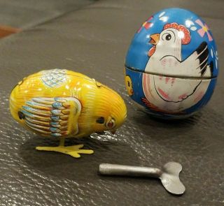 Vintage Haji Japan Tin Litho Easter Toy Egg Windup Chick W/ Key