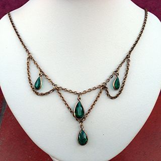Vintage Victorian Necklace Green Openback Bezel - Set Glass Drops Multiple Drape