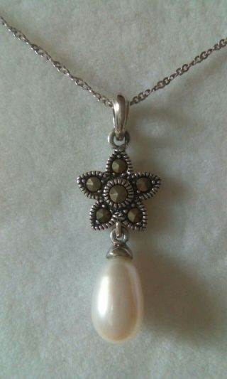 M&s Vintage Marcasite Pearl 925 Sterling Silver Pendant Necklace 16 " Vgc