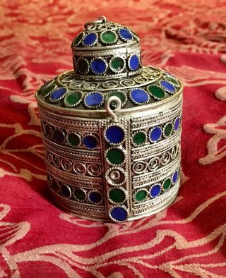 Vintage Moroccan Berber Hinged Enamel Cuff Bracelet Jewelry Box Silver Alloy