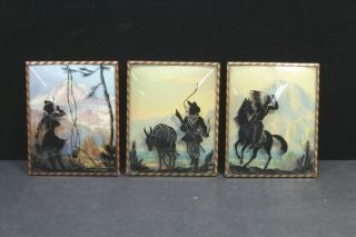 Vintage Silhouette Reverse Painted Convex Glass Western Cowboy Cowgirl Indian