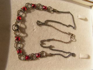 Lovely Art Deco Vintage Silver Link & Red Mirrored Glass Necklace