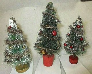 3 Vintage Bottle Brush Christmas Trees = 5 " To 6 " Tall = Wood Base 3