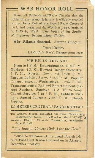 Vintage Ham Radio Qsl Cards Broadcast Radio 1923 Wsb Atlanta,  Ga