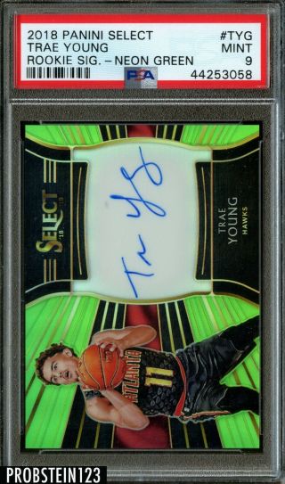 2018 - 19 Select Neon Green Trae Young Hawks Rc Auto /99 Psa 9