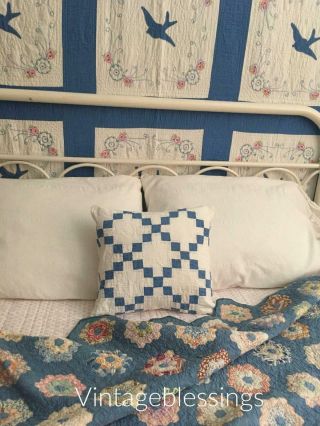 A Sweet One Vintage C1920 Cottage Blue White Quilt Pillow Sham 14 X 15