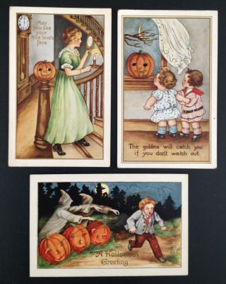 Vintage Halloween Postcards (3) Kids,  Ghosts,  Jack - O - Lanterns - Whitney