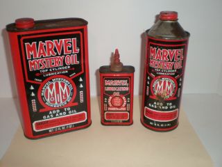 3 Vintage Tin Oil Can Marvel Mystery & Lubricating Oil 32 16 & 4 Oz 