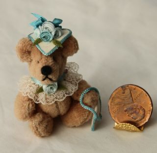 Vintage Miniature Dollhouse Artisan Teddy Bear Victorian Hat Lace Jointed 1:12