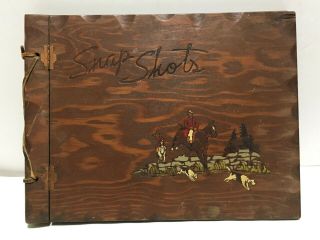 Vintage 1950s Carved Wood Snap Shot Photo Album Leather Horses Equestrian Hounds