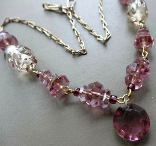 Vintage Art Deco Purple Glass Bead Gold Filled Chain Necklace - Q98