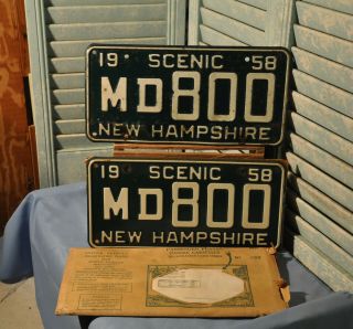 2 Antique 1958 Hampshire License Plates Md 800 Scenic Merrimack Pair Nh