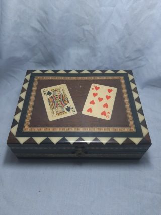 Vintage Marquetry Box For Playing Cards,  2 Packs,  17cm X 13cm X 4cm,  Vgc