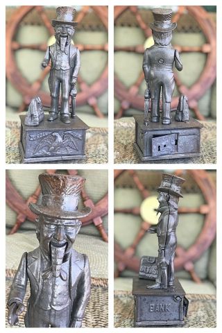 Antique Uncle Sam Cast Iron Mechanical Bank Patent June 8,  1886 3