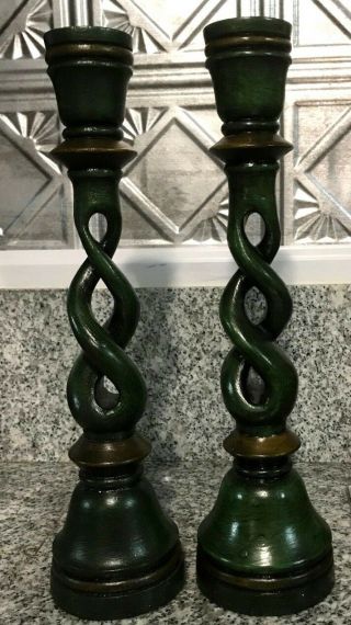 Vintage Antique Wood Spiral Twist Candle Holders Pair 12 " Tall