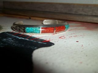 Vtg.  Navajo Turquoise,  Coral Cuff Bracelet Marked Sterling And Signed Fastship