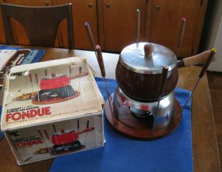Vtg Brown Fondue Pot Stand Multi - Color Forks Taiwan Wooden Tray W/box