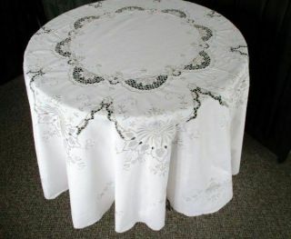 Large Vintage Madeira Tablecloth - Hand Embroidered - 64 " Dia.