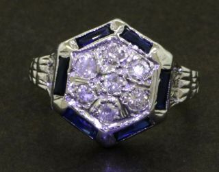 Antique 18k White Gold 0.  88ct Diamond And Sapphire Ring 2.  49 Grams Size 3