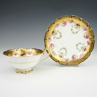 Antique Cauldon Porcelain - Flower Painted - Cobalt Blue & Gilded Cup & Saucer