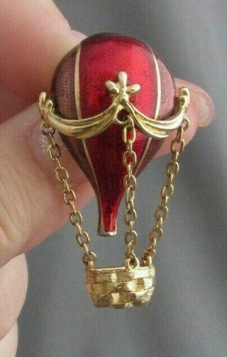 Vintage Joan Rivers Gold Tone Red Enamel Hot Air Balloon Chatelaine Pin Brooch