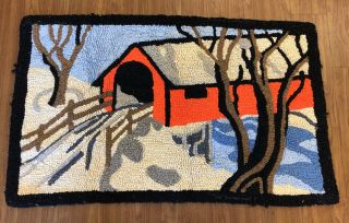 Vintage Hand Hooked Rug/wall Hanging Covered Bridge In Winter Punch Needle