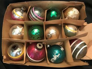 Box Of 12 Vintage Glass Ball Hanging Christmas Tree Ornaments Decorations