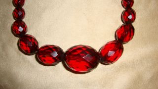 Vintage Antique Faceted Cherry Amber Bakelite Necklace With Gold Filled Clasp