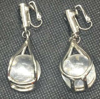 Vintage Rock Crystal Glass Ball Drop Silver Tone Cage Clip On Earrings