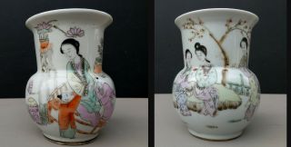 Two Antique Chinese Porcelain Famille Rose Vases With Figures Republic Periode