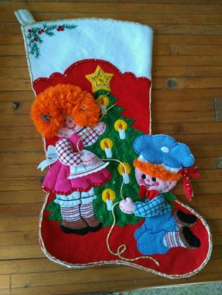Vintage Raggedy Ann & Andy Felt Jeweled Xmas Stocking Bucilla Completed Finished