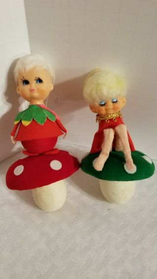 Vintage Christmas Ornaments Pixie Elf Elves On Mushrooms Flocked Felt Polka Dot