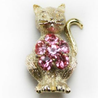 Kitty Cat Pin Brooch Pink Rhinestone Belly Gold Tone Vintage C - Clasp Unique