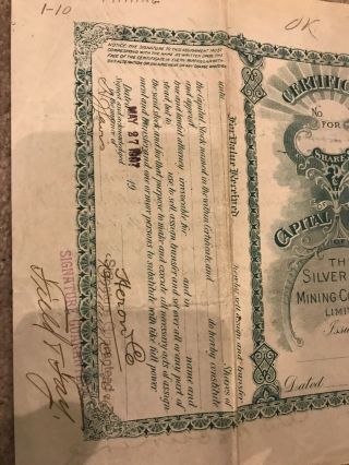 Antique/Vintage Silver Leaf Mining Company Capital Stock Certificate 1907 Gold R 3