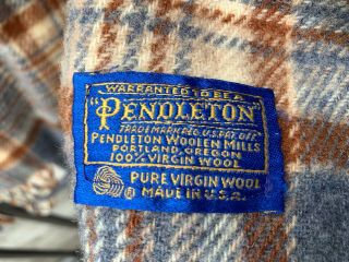 Vintage Pendleton Browns Blue Plaid Wool Throw Blanket Stadium 64x62 4” Fringe