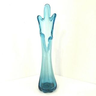 Vtg.  5 Finger Art Glass Stretch Vase Aqua Blue 11 " Tall Mcm Retro