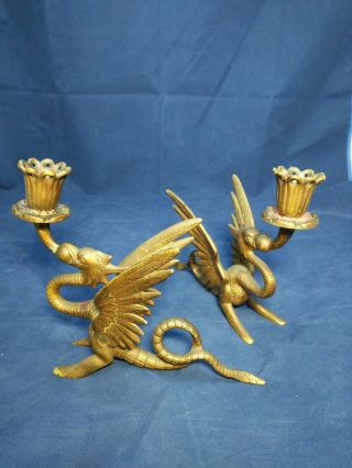 Antique Or Vintage Brass Griffin Dragon Candlestick Holders