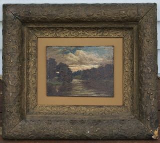 Antique 19th Century Thick Framed Landscape Oil Painting On Board