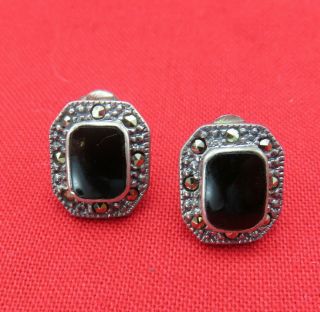 Vintage Sterling Silver Pierced Earrings Marcasites Black Onyx Art Deco 199m