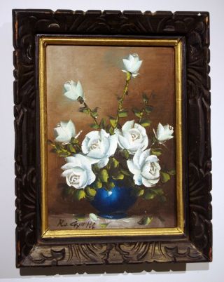 Vintage Oil Painting White Roses Blue Vase Framed Signed Ri Gyu Ho
