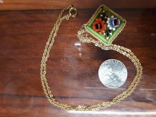 Vintage Italian Italy Micro Mosaic Floral Flower Tile Necklace Gold Plate.