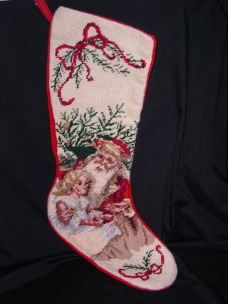 Vintage Handmade Needlepoint Santa Claus Christmas Stocking Child - Completed