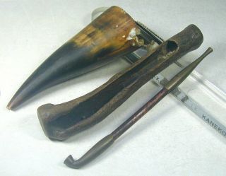 Kiseru 13 Japanese Antique Copper Tobacco Smoking Pipe,  Wood Holder,  Horn Case
