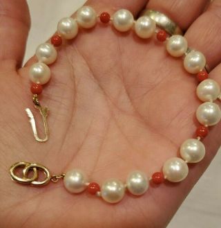 Vintage 14k Yellow Gold Red Coral Beaded Strand Pearl Bracelet 7 3/4 " 12.  89g