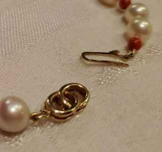 Vintage 14K Yellow Gold Red Coral Beaded Strand Pearl Bracelet 7 3/4 