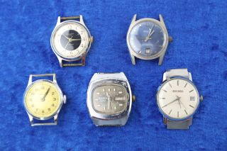 5 X Vintage Gents Wristwatch Heads Hand - Wind Inc Sekonda,  Cronel Etc