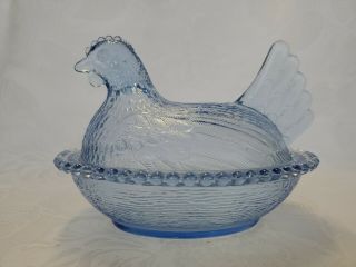 Vintage Ice Blue Glass Nesting Hen Chicken On Basketcandy Dish 7 1/8 " X5.  5 " Approx