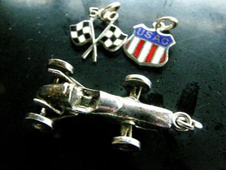 Set 3 Vintage Indianapolis 500 Speedway Sterling Silver Race Car Charm Flag Usac