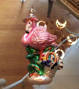 Vtg Glass Christopher Radko Pink Flamingo Christmas Tree Ornament Tropical Hat