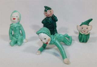 4 Vintage Pixie Elf Figures Green Hand Painted Faces Set Elves
